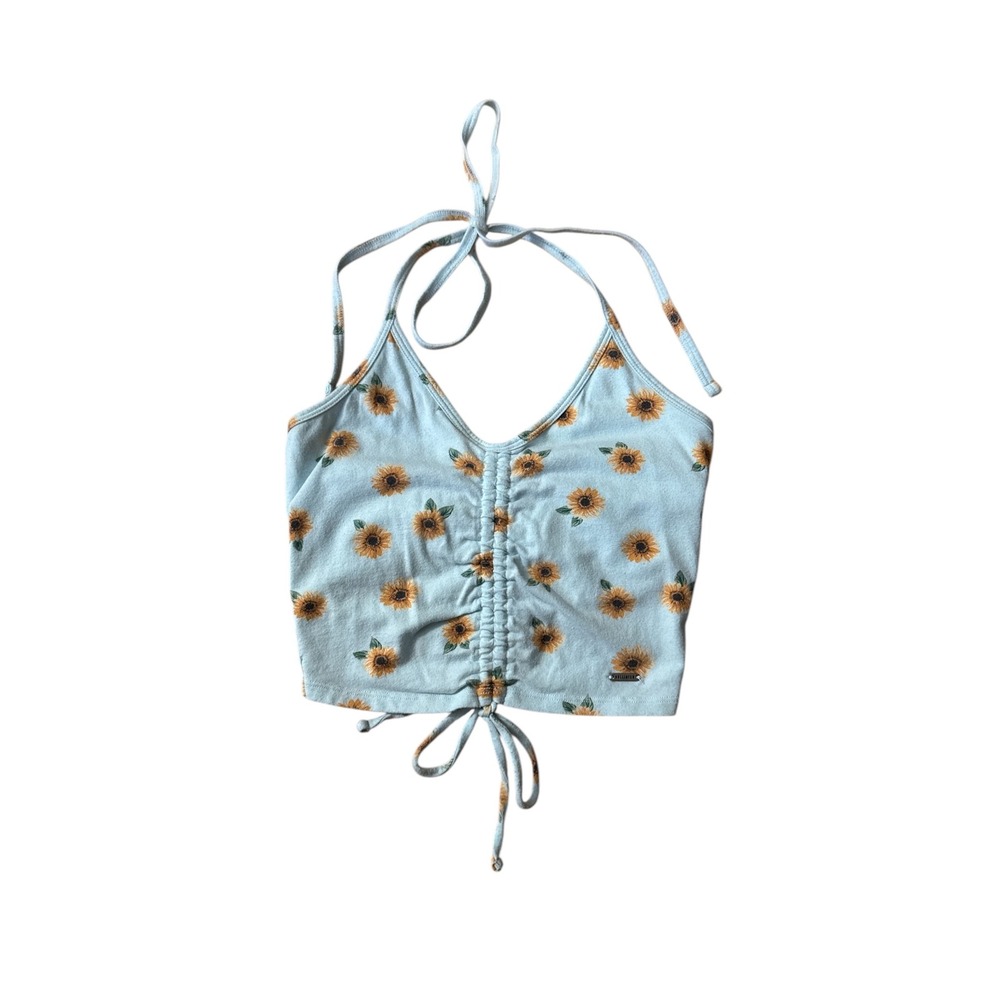 Hollister Sunflower Halter‎ Top Light Blue Ruched Womens Small Floral V-Neck